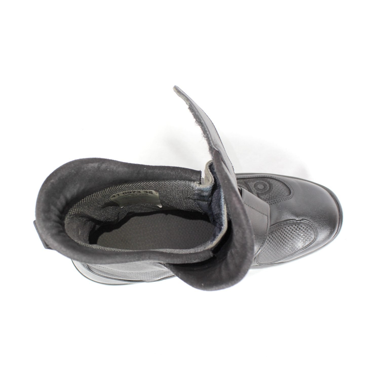 A pair of black leather touring boots, size 41, made in Germany. The boots feature a Gore-Tex membrane for waterproofing and have a high shaft. Key details include ankle protectors on both sides, a reinforced toe box, and a shin protector. The sole is a non-slip rubber with a tire tread pattern. The interior is padded with latex foam for comfort, and the insole is plastic-reinforced with a galvanized steel shank for torsion resistance. Minor wear is visible on the gear lever protection pad and the sole.