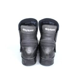 A pair of black leather Daytona short boots in size 39, in like-new condition. The boots feature a Climate waterproof membrane and protective reinforcements on the toes, heels, ankles, and a reinforced sole with gear and brake lever protection.