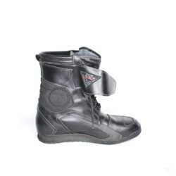 FLM Street Waterproof black leather motorcycle boots, size 41 — city and street riding boots with Puratex waterproof membrane, reinforced toe, heel, and ankle protection, reflective details, and good condition with minor wear marks.
