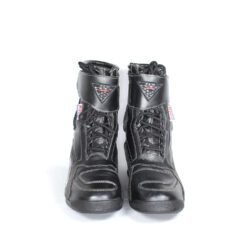 FLM Street Waterproof black leather motorcycle boots, size 41 — city and street riding boots with Puratex waterproof membrane, reinforced toe, heel, and ankle protection, reflective details, and good condition with minor wear marks.