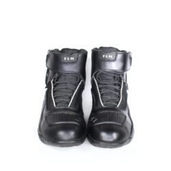 FLM Waterproof Street Riding black leather motorcycle boots, size 44 — lightweight city and street boots from Polo with Polo-Tex waterproof membrane, reinforced toe, heel, and ankle protection, reflective details, and good condition with minor wear marks.