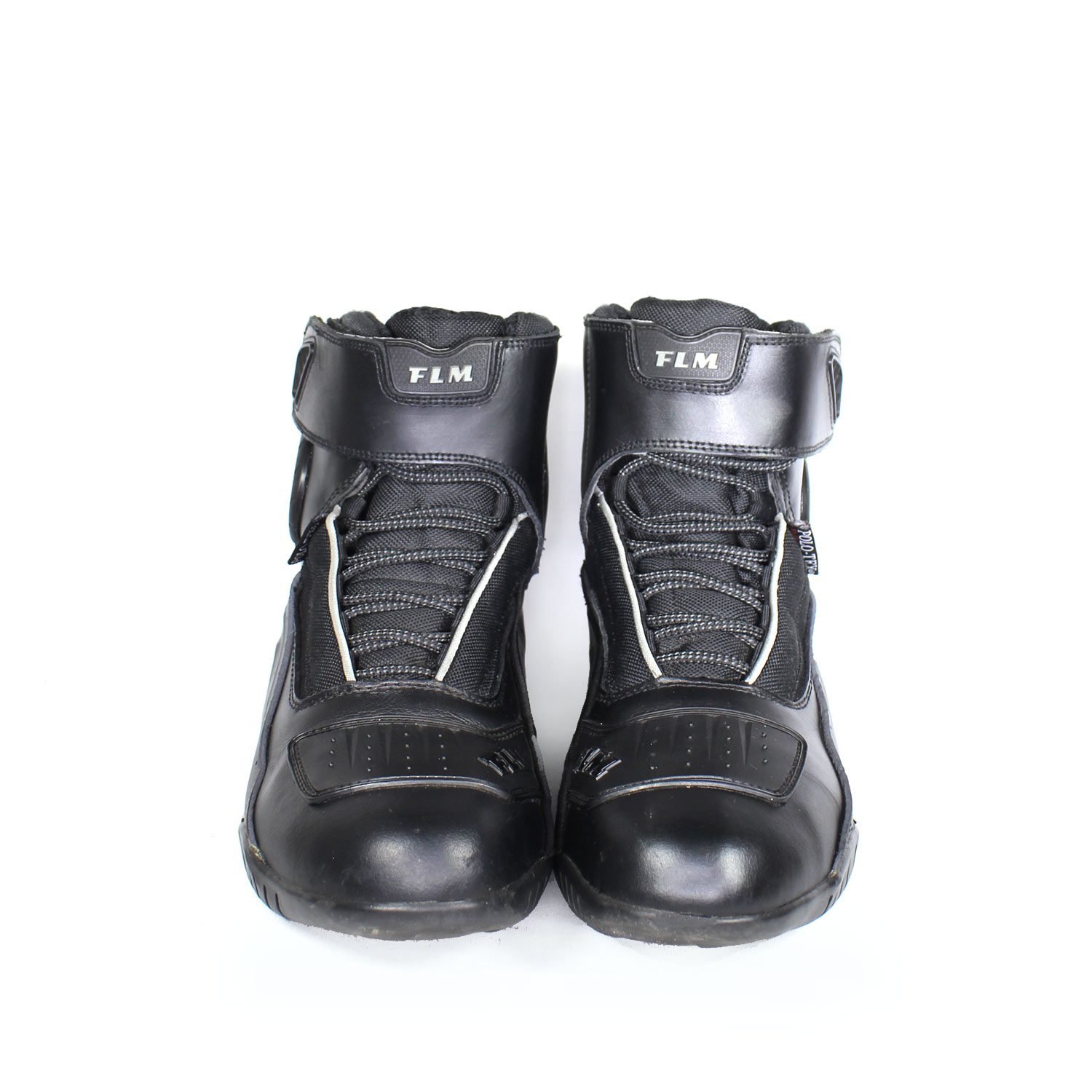 FLM Waterproof Street Riding black leather motorcycle boots, size 44 — lightweight city and street boots from Polo with Polo-Tex waterproof membrane, reinforced toe, heel, and ankle protection, reflective details, and good condition with minor wear marks.