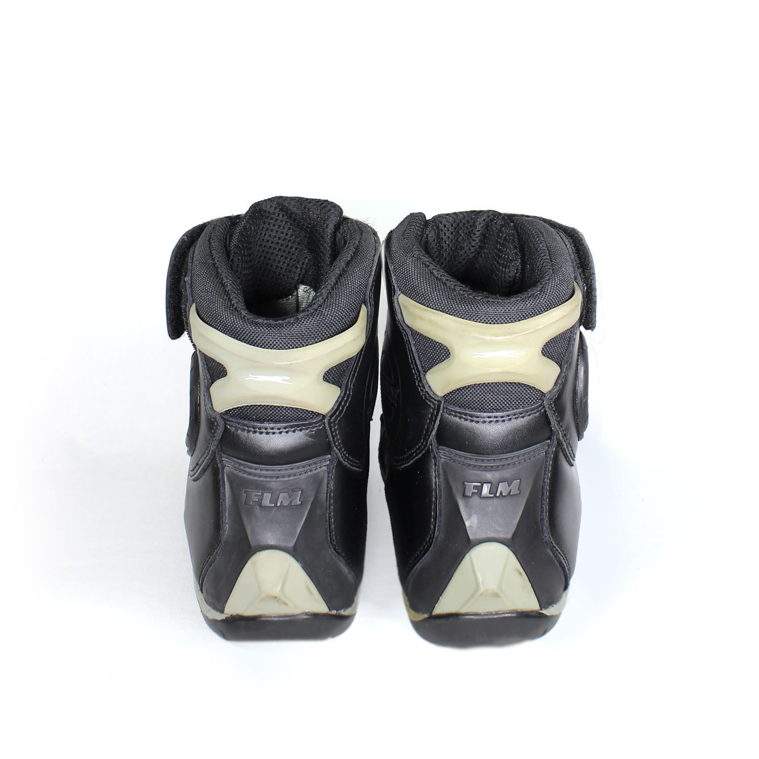 FLM Waterproof Street Riding black leather motorcycle boots, size 44 — lightweight city and street boots from Polo with Polo-Tex waterproof membrane, reinforced toe, heel, and ankle protection, reflective details, and good condition with minor wear marks.