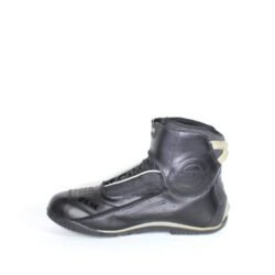 FLM Waterproof Street Riding black leather motorcycle boots, size 44 — lightweight city and street boots from Polo with Polo-Tex waterproof membrane, reinforced toe, heel, and ankle protection, reflective details, and good condition with minor wear marks.
