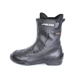 A pair of black leather Falco touring boots in size 36. The boots feature a High-Tex waterproof membrane and protective reinforcements on the toes and heel, with a reinforced sole. They are in very good condition with some minor wear marks.