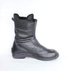 A pair of black leather Falco touring boots in size 36. The boots feature a High-Tex waterproof membrane and protective reinforcements on the toes and heel, with a reinforced sole. They are in very good condition with some minor wear marks.