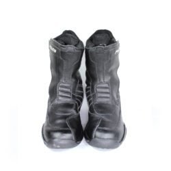 A pair of black leather Falco touring boots in size 36. The boots feature a High-Tex waterproof membrane and protective reinforcements on the toes and heel, with a reinforced sole. They are in very good condition with some minor wear marks.