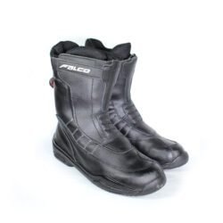 A pair of black leather Falco touring boots in size 36. The boots feature a High-Tex waterproof membrane and protective reinforcements on the toes and heel, with a reinforced sole. They are in very good condition with some minor wear marks.