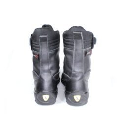 A pair of black leather Falco touring boots in size 36. The boots feature a High-Tex waterproof membrane and protective reinforcements on the toes and heel, with a reinforced sole. They are in very good condition with some minor wear marks.