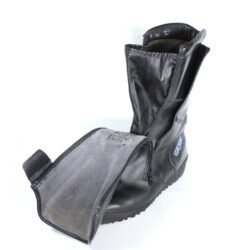 A pair of black leather Gaerne touring boots in size 45. The boots feature protective reinforcements on the toes, shin, ankles, and heels, along with gear and brake lever protection. They are in fairly good condition with some wear marks.