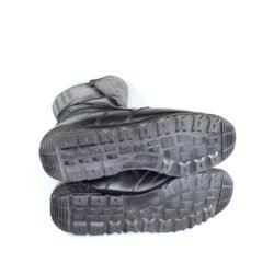 A pair of black leather Gaerne touring boots in size 45. The boots feature protective reinforcements on the toes, shin, ankles, and heels, along with gear and brake lever protection. They are in fairly good condition with some wear marks.