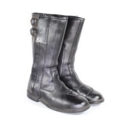 A pair of black, classic vintage leather motorcycle boots by Hein Gericke, size 44. The boots feature a timeless design with reinforced protection on the toes, heels, and a reinforced sole for the gear lever. They are in very good condition with minor use marks on the sole