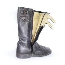 A pair of black, classic vintage leather motorcycle boots by Hein Gericke, size 44. The boots feature a timeless design with reinforced protection on the toes, heels, and a reinforced sole for the gear lever. They are in very good condition with minor use marks on the sole