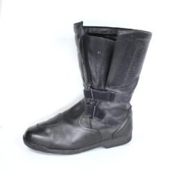 A pair of black leather Hein Gericke Takai touring boots in size 43. The boots feature a Climate waterproof membrane and protective reinforcements on the toes and heel, with gear and brake lever protection. They show some wear marks.