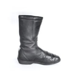 A pair of black leather Hein Gericke Takai touring boots in size 43. The boots feature a Climate waterproof membrane and protective reinforcements on the toes and heel, with gear and brake lever protection. They show some wear marks.