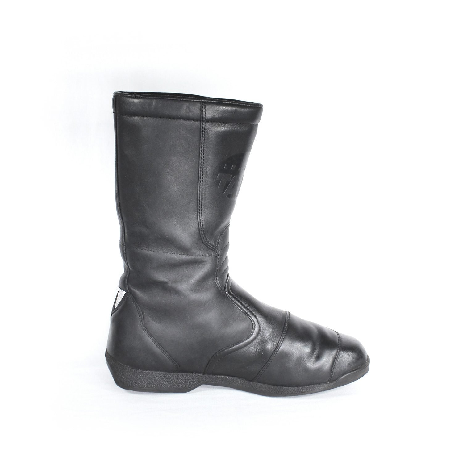 A pair of black leather Hein Gericke Takai touring boots in size 43. The boots feature a Climate waterproof membrane and protective reinforcements on the toes and heel, with gear and brake lever protection. They show some wear marks.