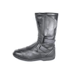 A pair of black leather Hein Gericke Takai touring boots in size 43. The boots feature a Climate waterproof membrane and protective reinforcements on the toes and heel, with gear and brake lever protection. They show some wear marks.