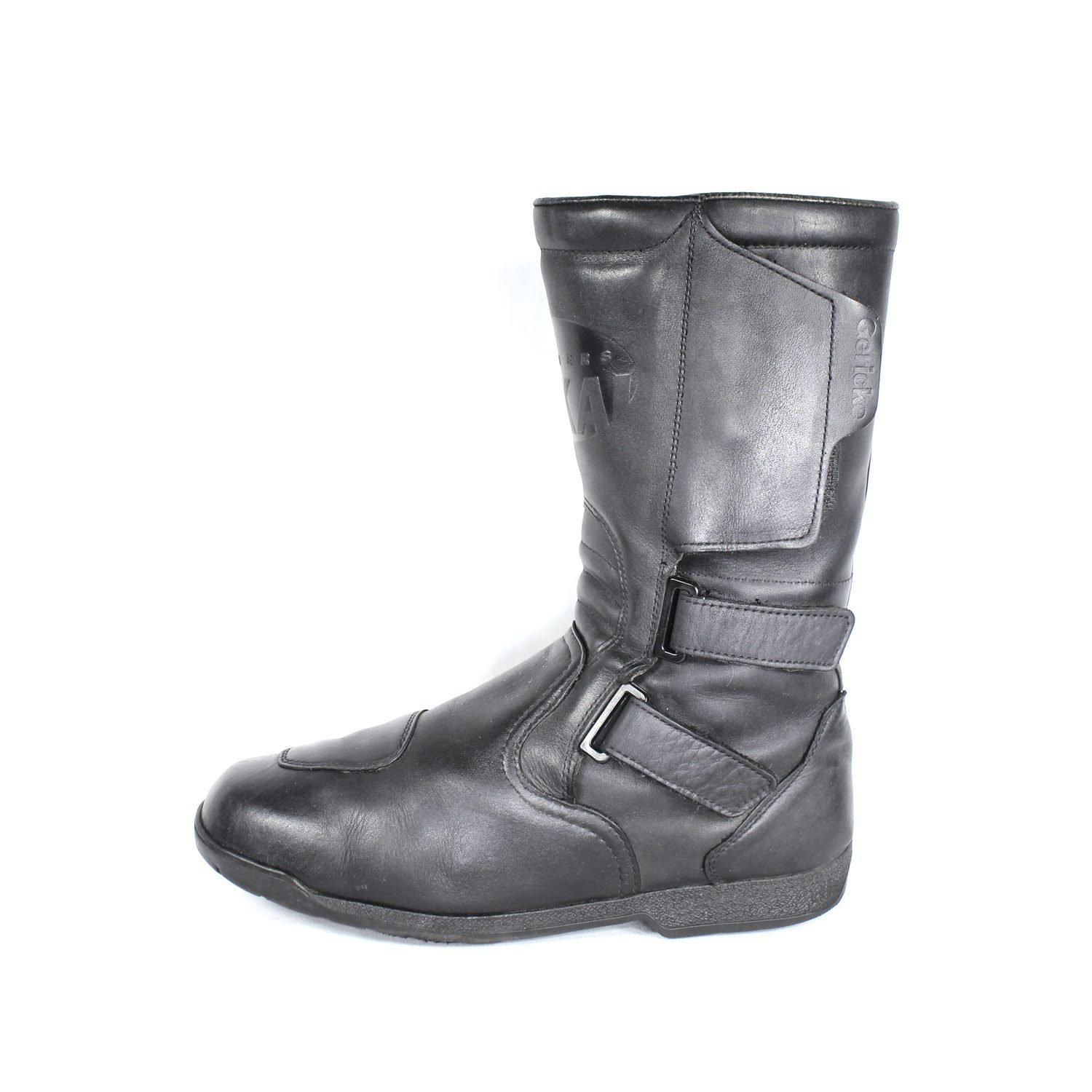 A pair of black leather Hein Gericke Takai touring boots in size 43. The boots feature a Climate waterproof membrane and protective reinforcements on the toes and heel, with gear and brake lever protection. They show some wear marks.