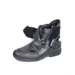 A pair of black leather Hein Gericke "Walk and Ride" street boots in size 41. The boots feature a Climate waterproof membrane, protection for the toes, shin, and heels, a reinforced sole, and rear reflectors. They show some wear marks, including a small break in the plastic brake lever protector.