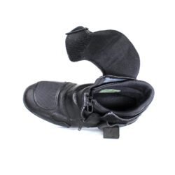 A pair of black leather Hein Gericke "Walk and Ride" street boots in size 41. The boots feature a Climate waterproof membrane, protection for the toes, shin, and heels, a reinforced sole, and rear reflectors. They show some wear marks, including a small break in the plastic brake lever protector.