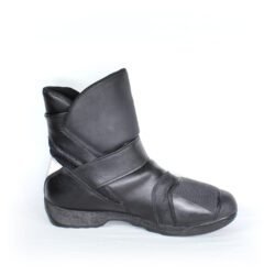 A pair of black leather Hein Gericke "Walk and Ride" street boots in size 41. The boots feature a Climate waterproof membrane, protection for the toes, shin, and heels, a reinforced sole, and rear reflectors. They show some wear marks, including a small break in the plastic brake lever protector.