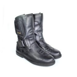 A pair of black leather Kochmann touring boots in size 41. The boots feature a SympaTex waterproof membrane and protective reinforcements on the toes, heels, ankles, and a reinforced sole with gear and brake lever protection. They show minor wear marks.