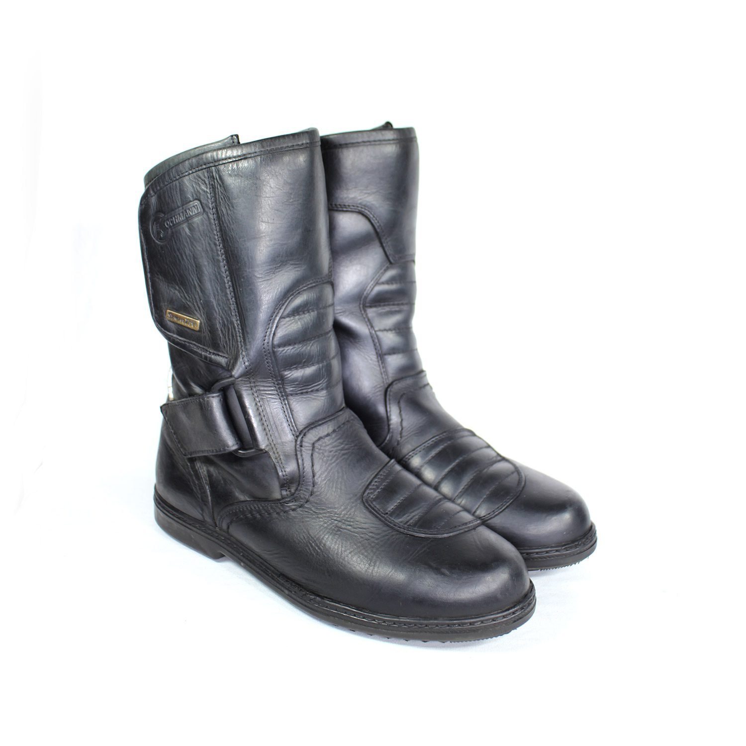 A pair of black leather Kochmann touring boots in size 41. The boots feature a SympaTex waterproof membrane and protective reinforcements on the toes, heels, ankles, and a reinforced sole with gear and brake lever protection. They show minor wear marks.