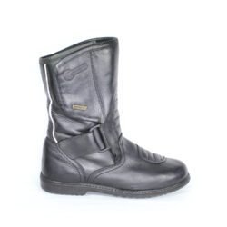 A pair of black leather Kochmann touring boots in size 41. The boots feature a SympaTex waterproof membrane and protective reinforcements on the toes, heels, ankles, and a reinforced sole with gear and brake lever protection. They show minor wear marks.