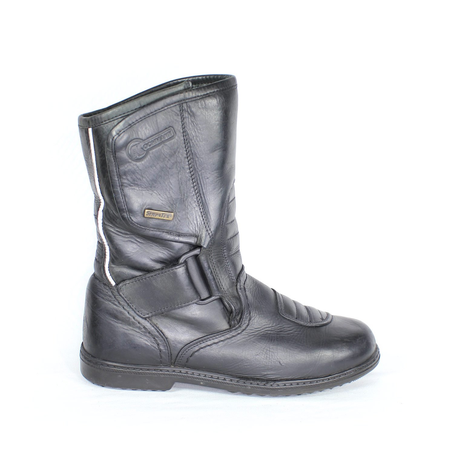 A pair of black leather Kochmann touring boots in size 41. The boots feature a SympaTex waterproof membrane and protective reinforcements on the toes, heels, ankles, and a reinforced sole with gear and brake lever protection. They show minor wear marks.