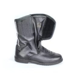 A pair of black leather Kochmann touring boots in size 41. The boots feature a SympaTex waterproof membrane and protective reinforcements on the toes, heels, ankles, and a reinforced sole with gear and brake lever protection. They show minor wear marks.