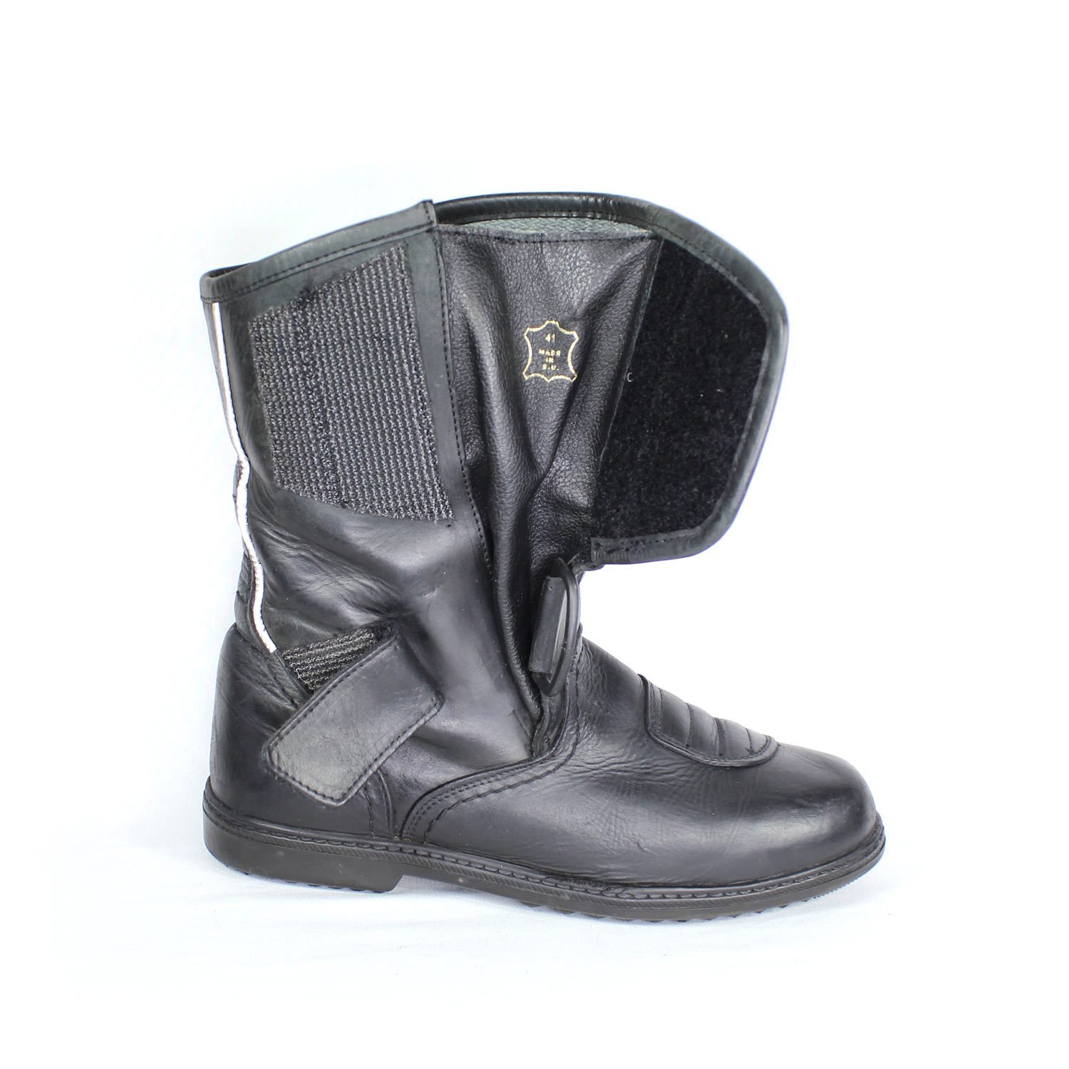 A pair of black leather Kochmann touring boots in size 41. The boots feature a SympaTex waterproof membrane and protective reinforcements on the toes, heels, ankles, and a reinforced sole with gear and brake lever protection. They show minor wear marks.