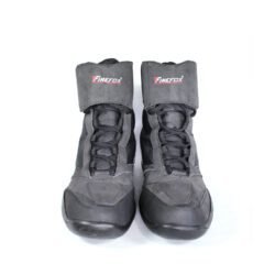 A pair of dark grey Polo Firefox city boots in size 41, made of synthetic suede leather. The boots feature protective reinforcements on the toes, ankles, and heels, along with a reinforced sole and gear/brake lever protection. They show some wear marks.