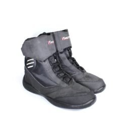 A pair of dark grey Polo Firefox city boots in size 41, made of synthetic suede leather. The boots feature protective reinforcements on the toes, ankles, and heels, along with a reinforced sole and gear/brake lever protection. They show some wear marks.