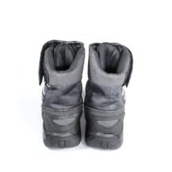 A pair of dark grey Polo Firefox city boots in size 41, made of synthetic suede leather. The boots feature protective reinforcements on the toes, ankles, and heels, along with a reinforced sole and gear/brake lever protection. They show some wear marks.