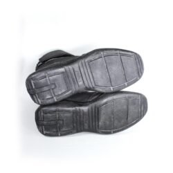 A pair of dark grey Polo Firefox city boots in size 41, made of synthetic suede leather. The boots feature protective reinforcements on the toes, ankles, and heels, along with a reinforced sole and gear/brake lever protection. They show some wear marks.