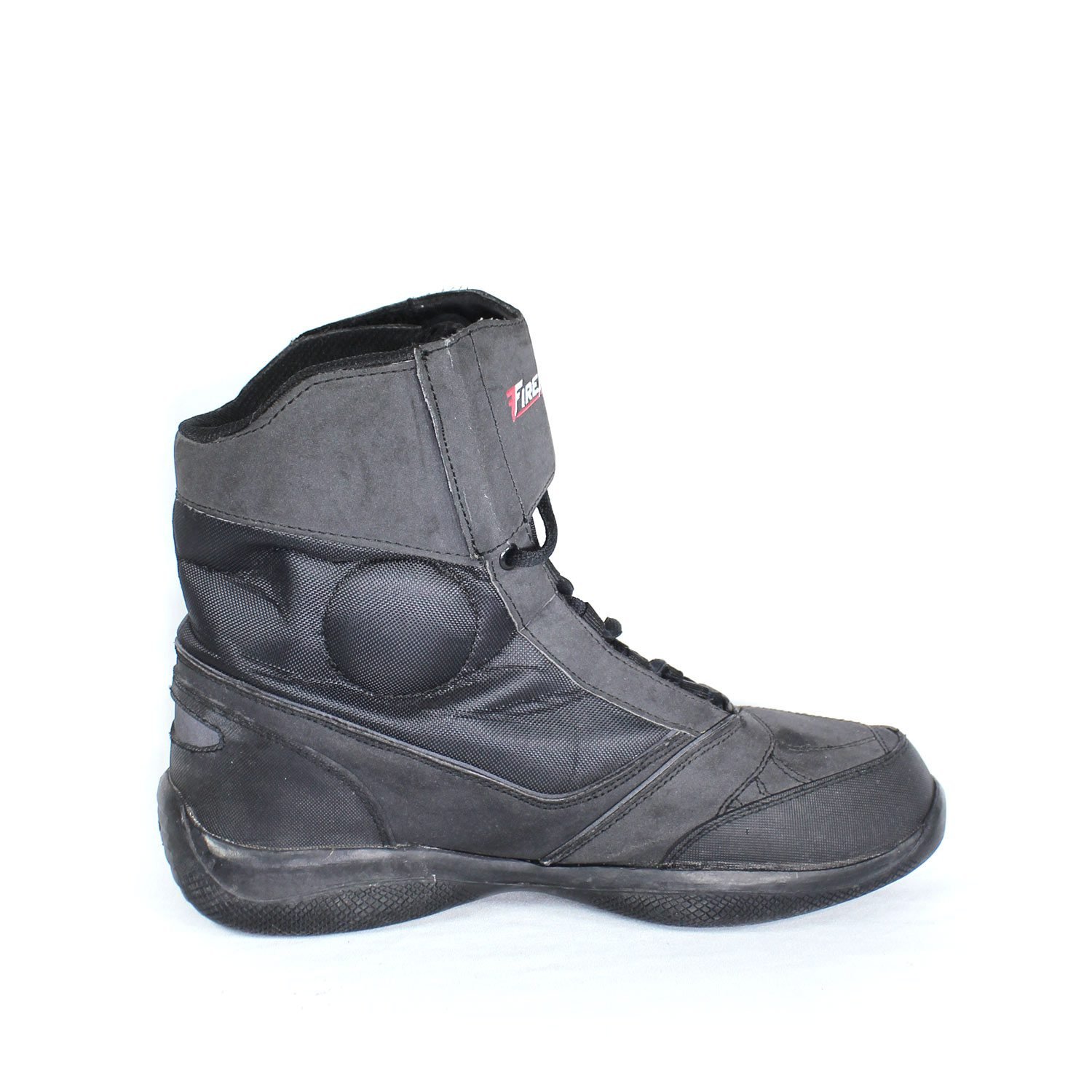 A pair of dark grey Polo Firefox city boots in size 41, made of synthetic suede leather. The boots feature protective reinforcements on the toes, ankles, and heels, along with a reinforced sole and gear/brake lever protection. They show some wear marks.