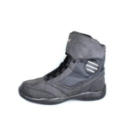 A pair of dark grey Polo Firefox city boots in size 41, made of synthetic suede leather. The boots feature protective reinforcements on the toes, ankles, and heels, along with a reinforced sole and gear/brake lever protection. They show some wear marks.