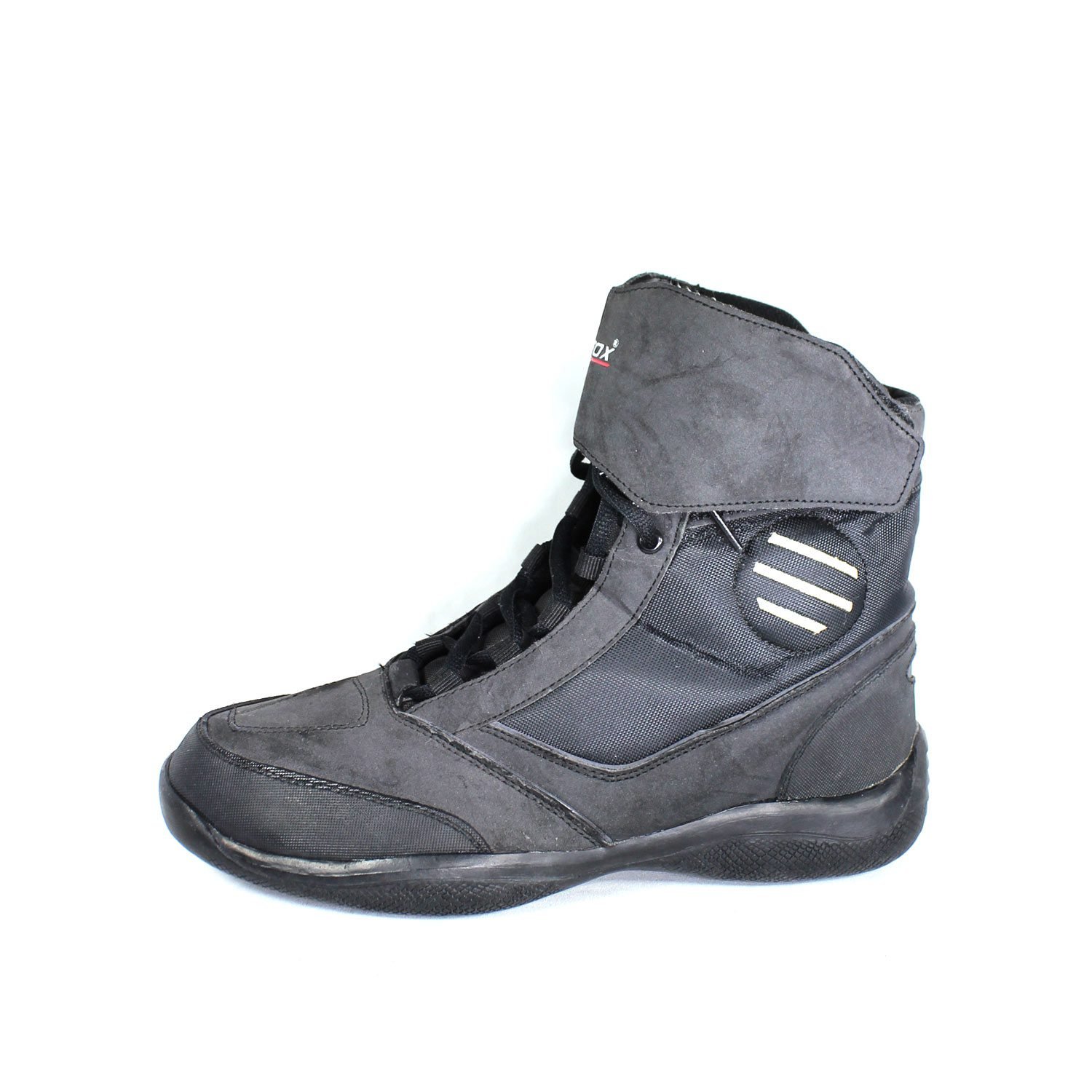 A pair of dark grey Polo Firefox city boots in size 41, made of synthetic suede leather. The boots feature protective reinforcements on the toes, ankles, and heels, along with a reinforced sole and gear/brake lever protection. They show some wear marks.