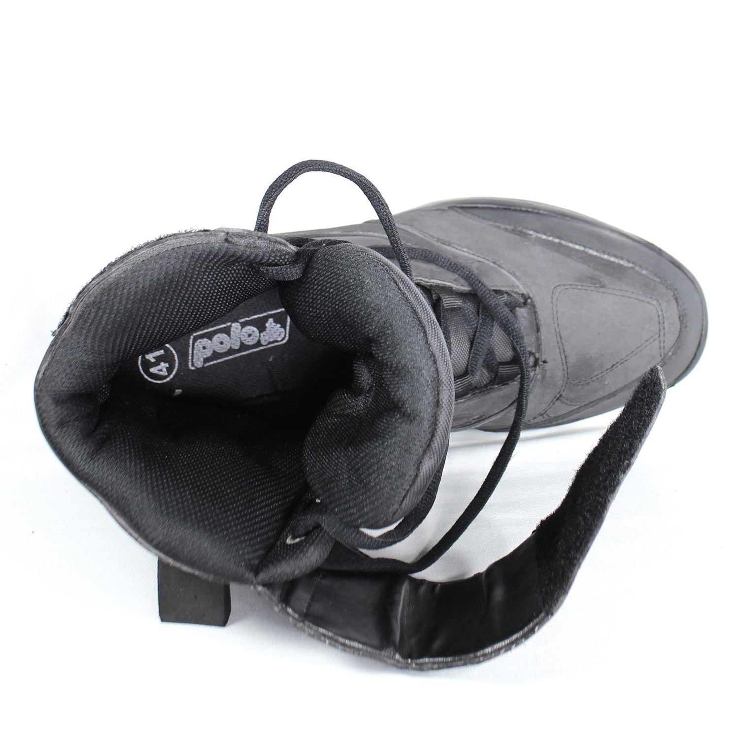 A pair of dark grey Polo Firefox city boots in size 41, made of synthetic suede leather. The boots feature protective reinforcements on the toes, ankles, and heels, along with a reinforced sole and gear/brake lever protection. They show some wear marks.