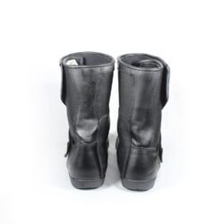 Black leather and textile touring boots in size 46, in like-new condition. Features protection for the toes, shin, ankles, and heel.