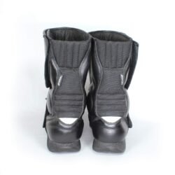 Polo Touring black leather motorcycle boots, size 41 — classic touring-style boots with reinforced toe, shin, ankle, and heel protection, partial waterproofing, and durable leather showing light wear marks.