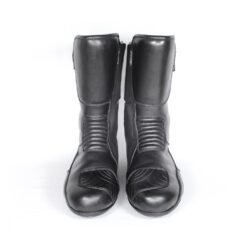 Polo Touring black leather motorcycle boots, size 43 — durable touring and adventure boots with Polo-Tex waterproof membrane, reinforced toe, shin, and heel protection, reflectors for visibility, and good condition with minor wear marks.