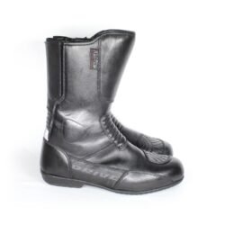 Polo Touring black leather motorcycle boots, size 43 — durable touring and adventure boots with Polo-Tex waterproof membrane, reinforced toe, shin, and heel protection, reflectors for visibility, and good condition with minor wear marks.