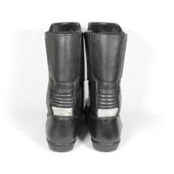 Polo Touring black leather motorcycle boots, size 43 — durable touring and adventure boots with Polo-Tex waterproof membrane, reinforced toe, shin, and heel protection, reflectors for visibility, and good condition with minor wear marks.