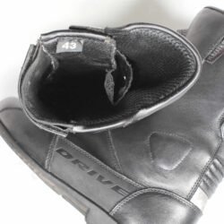 Polo Touring black leather motorcycle boots, size 43 — durable touring and adventure boots with Polo-Tex waterproof membrane, reinforced toe, shin, and heel protection, reflectors for visibility, and good condition with minor wear marks.