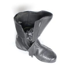Polo Touring black leather motorcycle boots, size 43 — durable touring and adventure boots with Polo-Tex waterproof membrane, reinforced toe, shin, and heel protection, reflectors for visibility, and good condition with minor wear marks.