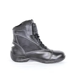 A pair of black leather Probiker street boots in size 39. The boots feature a Climat waterproof membrane, protective reinforcements on the toes, ankles, and heel, a reinforced sole, and reflective elements. They show minor wear marks.