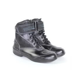 A pair of black leather Probiker street boots in size 39. The boots feature a Climat waterproof membrane, protective reinforcements on the toes, ankles, and heel, a reinforced sole, and reflective elements. They show minor wear marks.