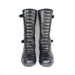 Robur Vintage black leather motorcycle boots, size 44 — classic vintage-style touring boots with reinforced toe, heel, and shin protection, non-waterproof design, and good condition showing light wear and leather wrinkles.