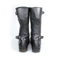 Robur Vintage black leather motorcycle boots, size 44 — classic vintage-style touring boots with reinforced toe, heel, and shin protection, non-waterproof design, and good condition showing light wear and leather wrinkles.